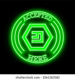 Emercoin (EMC) green  neon cryptocurrency symbol in round frame with text "Accepted here". Vector illustration isolated on black background