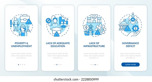 Emergence of inclusive growth blue onboarding mobile app screen. Walkthrough 4 steps editable graphic instructions with linear concepts. UI, UX, GUI template. Myriad Pro-Bold, Regular fonts used