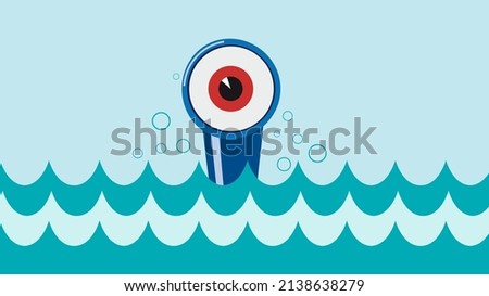 Emergence of a submarine, periscope in the shape of an eye. Discovering new opportunities. Vector illustration.