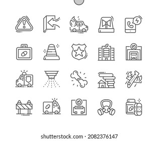 Emergencies. Medicine chest. Danger sign. Ambulance car. Fire department. Pixel Perfect Vector Thin Line Icons. Simple Minimal Pictogram