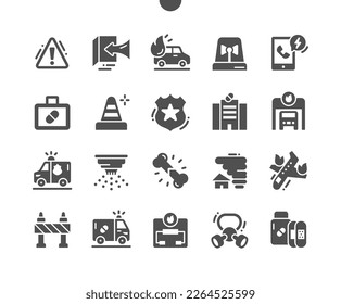 Emergencies. Medicine chest. Danger sign. Ambulance car. Fire department. Vector Solid Icons. Simple Pictogram