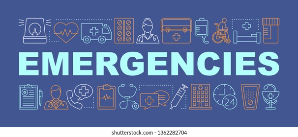 Emergencies word concepts banner. Medicine and healthcare. Ambulance. Hospital, clinic. Medical service. Isolated lettering typography idea with linear icons. Vector outline illustration