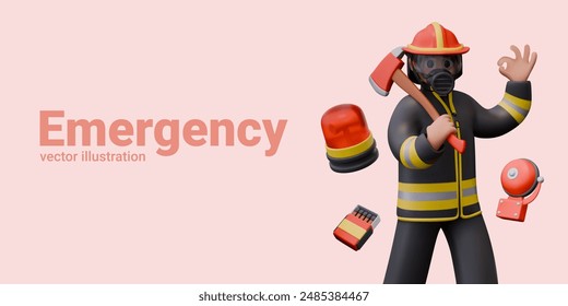 Emergencia. Bombero 3D en traje de protección y casco sosteniendo hacha de fuego y mostrando signo OK