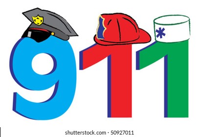 Emergency 911 - numbers on a white background with headdresses police, firemen and doctors