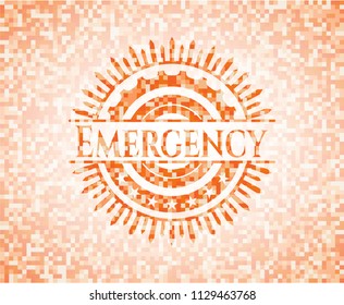 Emergency abstract emblem, orange mosaic background