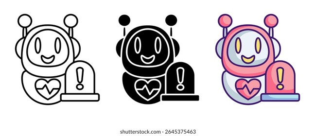 Emergency AI assistant icon represented by robot,heartbeat,warning sign Line, Filled, Color style.