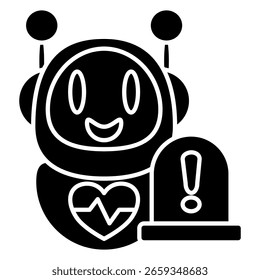 Notfall-KI-Assistent Symbol dargestellt durch Roboter, Herzschlag, Warnzeichen Schwarz Gefüllt Stil.