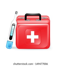 emergency aid case and thermometer isolated