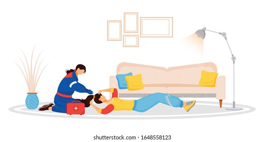 Emergency aid flat color vector faceless characters. Unconscious woman lying on floor. Female doctor. Lady fainting from dizziness. Professional treatment. First help isolated cartoon illustration