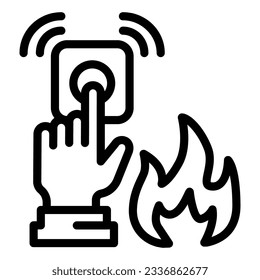 Emergency alarm button line icon. Hand presses wall button and fire symbol outline style pictogram on white background. Push fire alarm for mobile concept and web design. Vector graphics