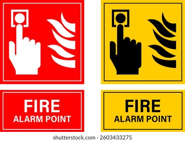 Emergency alarm call point, fire safety symbols on red rectangle board notification sign for pictograms, icon, label, logo or package industry.