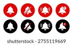 Emergency alert bell icon on circle background. Rec and Black warning notification sign symbol