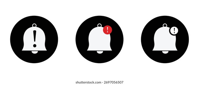Ícone da campainha de alerta de emergência definido no círculo preto. Símbolo de sinal de notificação de aviso