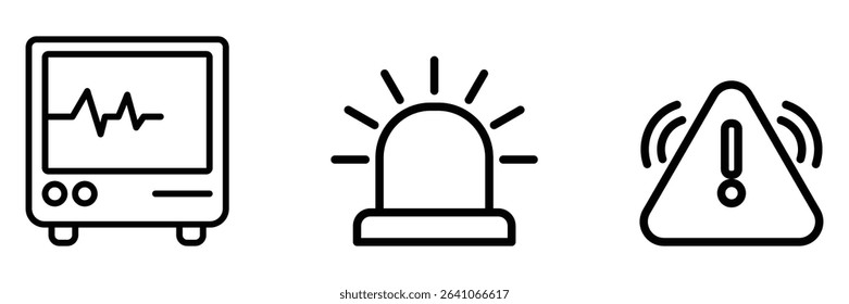 Emergency alert heartbeat signal warning monitor outline style vector icon illustration for medical hospital healthcare safety alarm system.