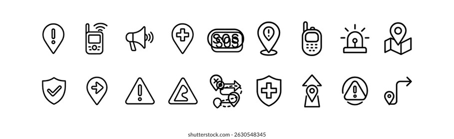 Conjunto de iconos de emergencia, línea de alerta - plana, seguridad y símbolos de advertencia colección