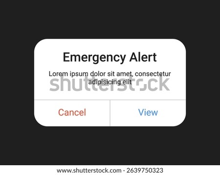 Emergency alert pop up UI design with cancel and view buttons on dark background for mobile app and web interface in minimal modern style	