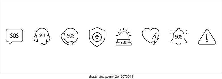 Emergency alert SOS call icon set for help hotline rescue security support safety contact health protection danger signal warning communication.