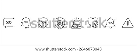 Emergency alert SOS call icon set for help hotline rescue security support safety contact health protection danger signal warning communication.