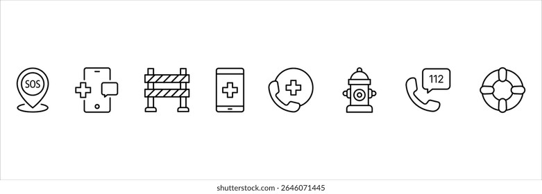 Emergency alert SOS rescue call help contact phone fire medical warning icon set outline vector illustration for safety apps.
