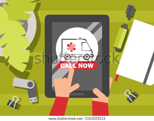 Emergency ambulance call, vector illustration.\
Concept of online health care application, medical center website.\
Hands holding tablet with ambulance call button, emergency\
situation at work in\
office