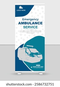 Emergency ambulance car with doctor roll up banner template design