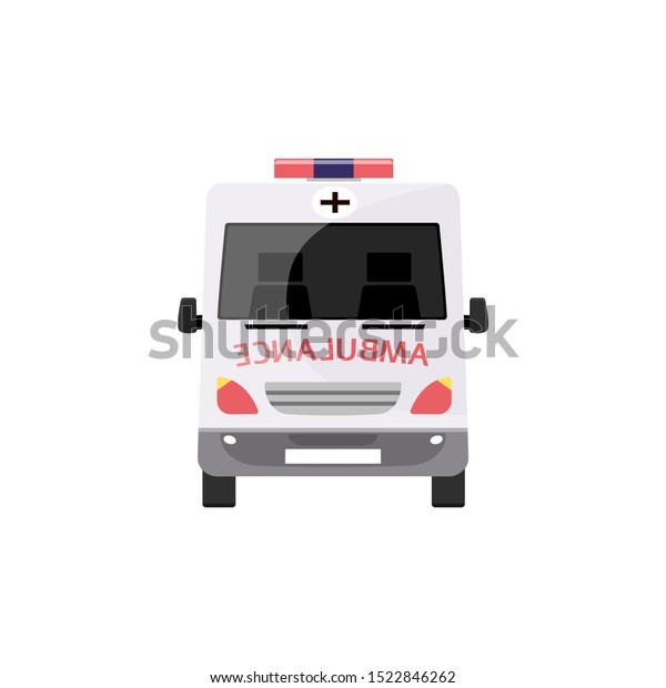 Emergency ambulance car from front view -\
white medical transportation vehicle with mirrored text and red\
cross, hospital first aid transport, flat cartoon isolated vector\
illustration