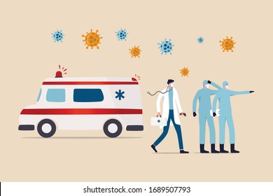 Emergency ambulance in Coronavirus COVID-19 outbreak crisis concept, doctor, medical staffs in full protective gear standing with ambulance ready to rescue and transfer Coronavirus COVID-19 patients.