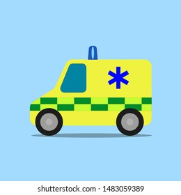 Emergency ambulance, green and yellow colored. Vector Illustration.