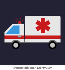 Emergency Ambulance. Medical Vehicle. Ambulance Car isolated on dark background. Medicine Sign. Flat Style.Vector illustration for Your Design, Web.