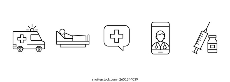 Emergency ambulance patient bed health chat telemedicine injection vaccine icon vector illustration for urgent care online consultation treatment.