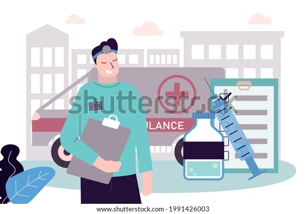 Emergency ambulance physician in uniform\
helps patients. Paramedic service and first aid. Ambulance staff.\
Medical equipment, help and transportation. Concept of healthcare.\
Flat vector\
illustration