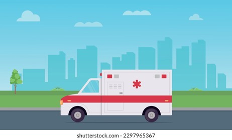 Emergency ambulance running on a road in town flat vector illustration