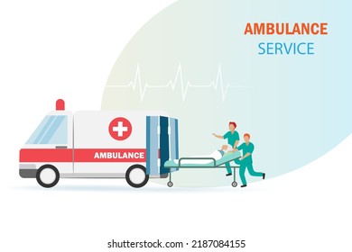 Emergency Ambulance service. Rescued team moving patient on stretcher for medical treatment at hospital. Medical emergency treatment 