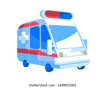 Emergency Ambulance Van with Red and Blue Signaling Siren on Roof Front View. Automobile for Injured and Diseased Patients Transportation and First Aid Assisting Medic Car. Cartoon Vector Illustration