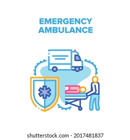 Emergency Ambulance Vector Icon Concept. Emergency Ambulance Paramedic Team Moving Patient On Stretcher In Car For Transportation To Clinic. First Aid And Treatment Color Illustration