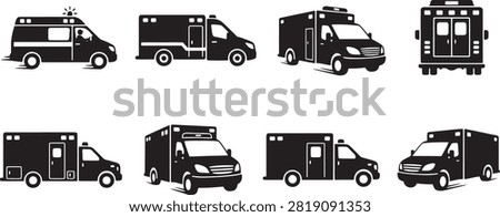 Emergency ambulance vehicle silhouettes set for medical transport service