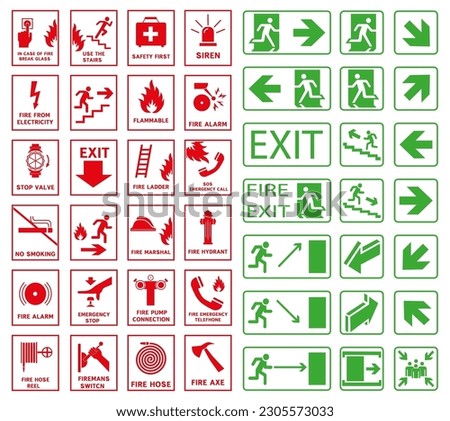 Emergency assembly place, actions in case of fire, first aid symbols. Vector illustration.