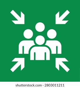 Emergency assembly point sign icon. Vector illustration of a group of people with arrows pointing towards the center, indicating a safe gathering location.