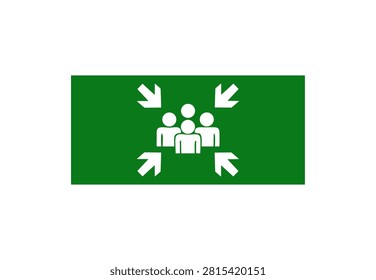 Emergency assembly point sign with people icon isolated on white background, green safety meeting point symbol for evacuation procedures and public emergency response
