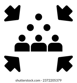 Emergency assembly point solid icon. Evacuation gathering sign glyph style pictogram on white background. People Group for evacuation with arrows for mobile concept and web design. Vector graphics