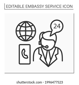 Emergency Assistance Line Icon. Consumer Support Day-and-night. Consultation About Arresting Citizens, Serious Illness. Embassy Service Concept. Isolated Vector Illustration. Editable Stroke