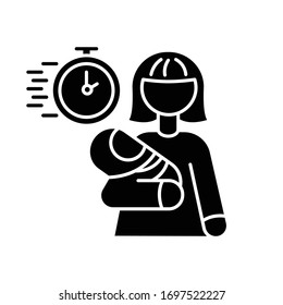 Emergency Babysitter Black Glyph Icon. Babysitting Service Worker. Urgent Day Care Help. Quick Assistance With Infant. Woman With Kid. Silhouette Symbol On White Space. Vector Isolated Illustration