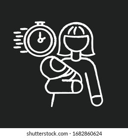 Emergency Babysitter Chalk White Icon On Black Background. Babysitting Service Worker. Urgent Day Care Help. Quick Assistance With Infant. Woman With Kid. Isolated Vector Chalkboard Illustration