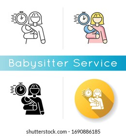 Emergency babysitter icon. Babysitting service worker. Urgent day care help. Quick assistance with infant. Woman with kid. Linear black and RGB color styles. Isolated vector illustrations