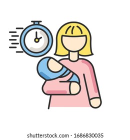 Emergency babysitter RGB color icon. Babysitting service worker. Urgent day care help. Quick assistance with infant. Woman with kid. Maternity leave to look after kid. Isolated vector illustration