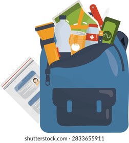 Emergency Backpack with Survival Essentials. Including map, flashlight, water, medicine and documents, isolated on transparent background. Emergency preparedness kit. Flat style. Vector illustration