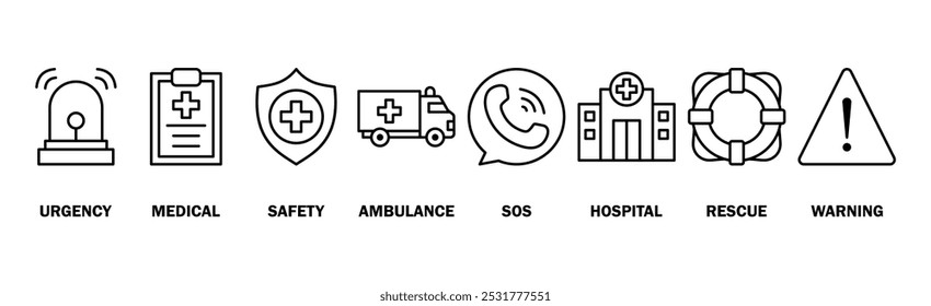 Concepto de Ilustración vectorial del icono del Web del Anuncio de la emergencia con el icono de la urgencia, médico, seguridad, ambulancia, SOS, hospital, rescate, y advertencia