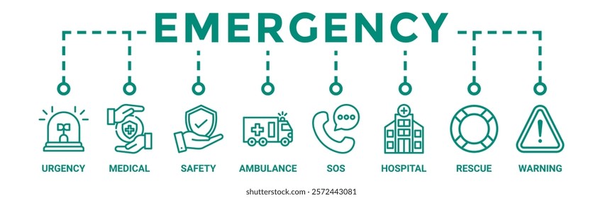 Emergency banner web icon vector illustration concept with icon of urgency, medical, safety, ambulance, sos, hospital, rescue, and warning