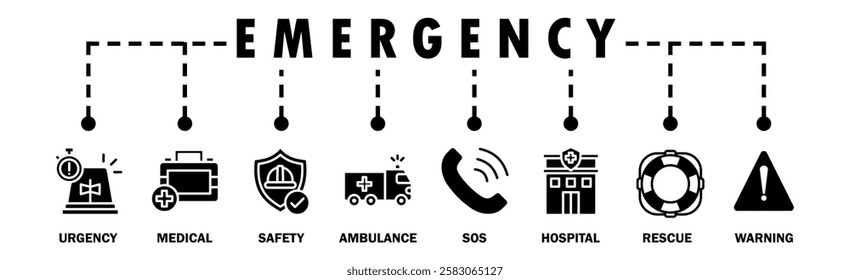 Emergency banner web icon vector illustration concept with icon of urgency, medical, safety, ambulance, sos, hospital, rescue, and warning