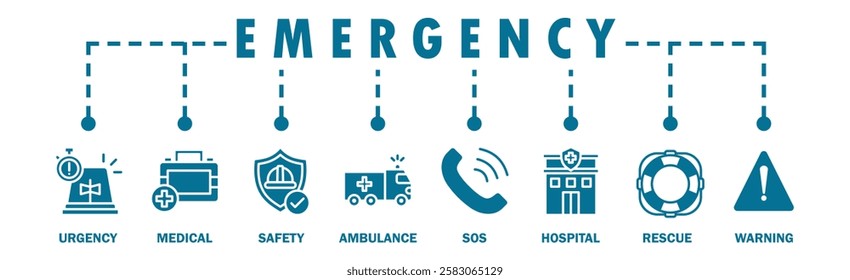 Emergency banner web icon vector illustration concept with icon of urgency, medical, safety, ambulance, sos, hospital, rescue, and warning